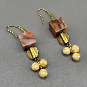David Aubrey Stone Cube Earrings Jasper Boho Dangle Gold Plated Hook Geometric